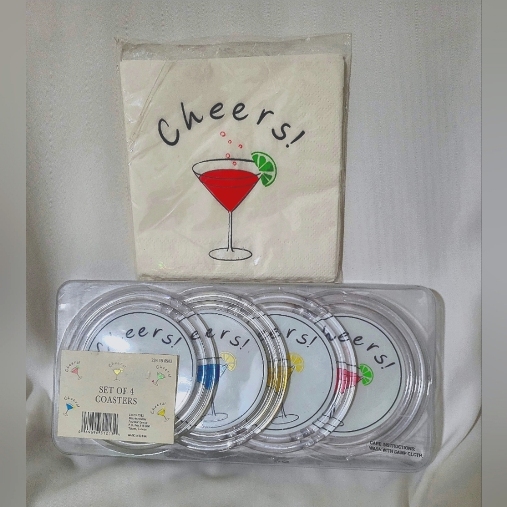 Set of 4 Coasters and 12 Matching Cocktail Napkins CHEERS!